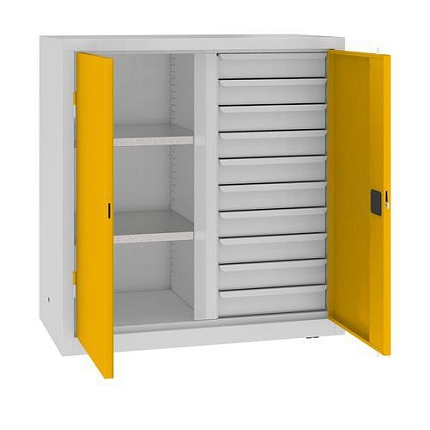 Kovová dílenská skříň na nářadí se zásuvkami, 104 x 100 x 50 cm, 10 zásuvek, šedá/žlutá