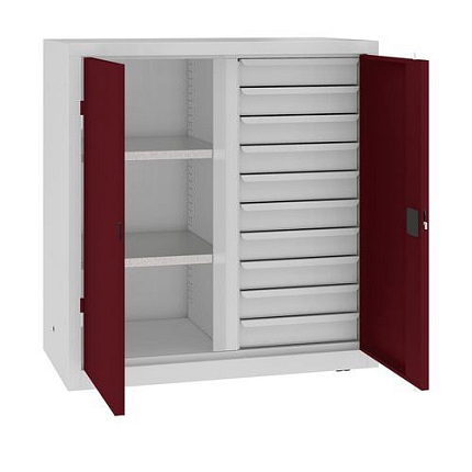 Kovová dílenská skříň na nářadí se zásuvkami, 104 x 100 x 50 cm, 10 zásuvek, šedá/tm. červená