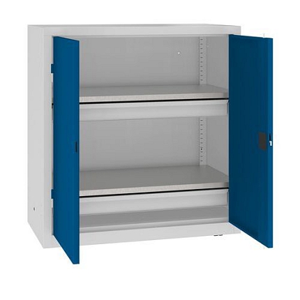 Kovová dílenská skříň, 104 x 100 x 50 cm, 2 zásuvky, šedá/tm. modrá