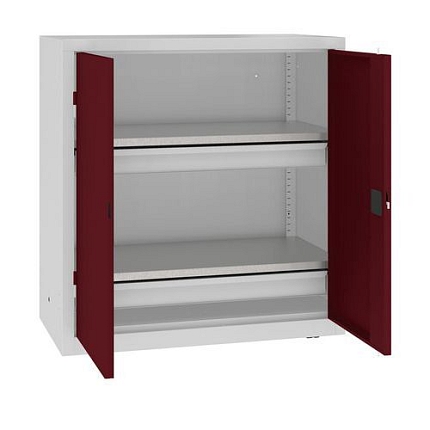 Kovová dílenská skříň, 104 x 100 x 50 cm, 2 zásuvky, šedá/tm. červená