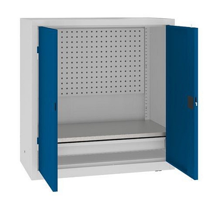 Kovová dílenská skříň s perfopanelem, 104 x 100 x 50 cm, 1 zásuvka, šedá/tm. modrá