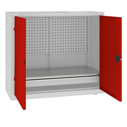 Kovová dílenská skříň s perfopanelem, 104 x 120 x 50 cm, 1 zásuvka, šedá/červená