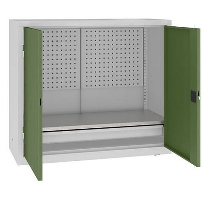 Kovová dílenská skříň s perfopanelem, 104 x 120 x 50 cm, 1 zásuvka, šedá/zelená