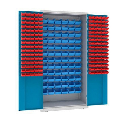 Kovová dílenská skříň s boxy, 199 x 100 x 50 cm, šedá/sv. modrá