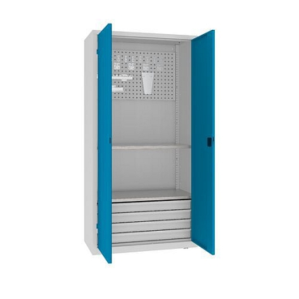 Kovová dílenská skříň s perfopanelem, 199 x 100 x 50 cm, 4 zásuvky, šedá/sv. modrá
