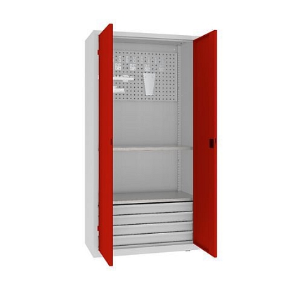 Kovová dílenská skříň s perfopanelem, 199 x 100 x 50 cm, 4 zásuvky, šedá/červená
