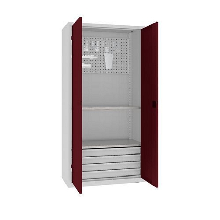 Kovová dílenská skříň s perfopanelem, 199 x 100 x 50 cm, 4 zásuvky, šedá/tm. červená