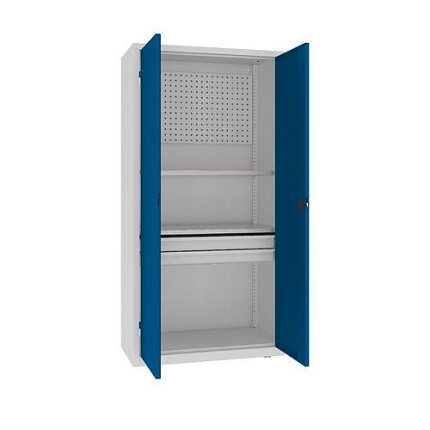 Kovová dílenská skříň s perfopanelem, 199 x 100 x 50 cm, 2 zásuvky, šedá/tm. modrá