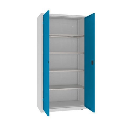 Kovová dílenská skříň, 199 x 100 x 50 cm, 4 police, šedá/sv. modrá
