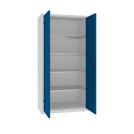 Kovová dílenská skříň, 199 x 100 x 50 cm, 4 police, šedá/tm. modrá