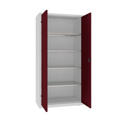 Kovová dílenská skříň, 199 x 100 x 50 cm, 4 police, šedá/tm. červená