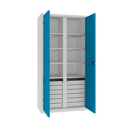 Kovová dílenská skříň na nářadí se zásuvkami, 199 x 100 x 50 cm, 12 zásuvek, šedá/sv. modrá