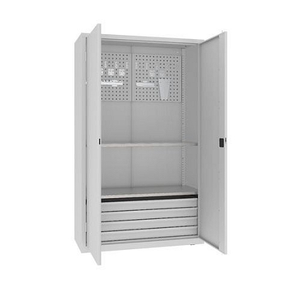 Kovová dílenská skříň s perfopanelem, 199 x 120 x 50 cm, 4 zásuvky, šedá/šedá