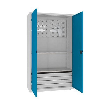 Kovová dílenská skříň s perfopanelem, 199 x 120 x 50 cm, 4 zásuvky, šedá/sv. modrá