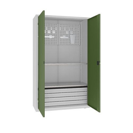 Kovová dílenská skříň s perfopanelem, 199 x 120 x 50 cm, 4 zásuvky, šedá/zelená
