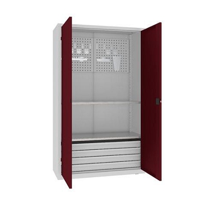 Kovová dílenská skříň s perfopanelem, 199 x 120 x 50 cm, 4 zásuvky, šedá/tm. červená