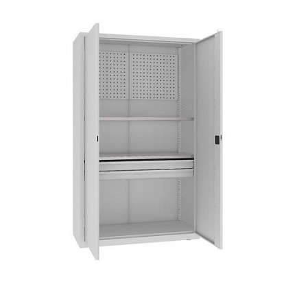 Kovová dílenská skříň s perfopanelem, 199 x 120 x 50 cm, 2 zásuvky, šedá/šedá