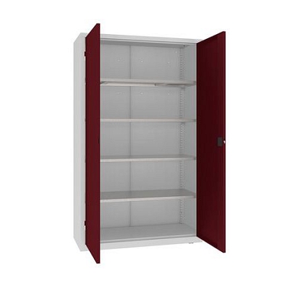 Kovová dílenská skříň, 199 x 120 x 50 cm, 4 police, šedá/tm. červená