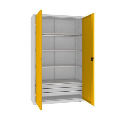 Kovová dílenská skříň, 199 x 120 x 50 cm, 3 zásuvky, šedá/žlutá