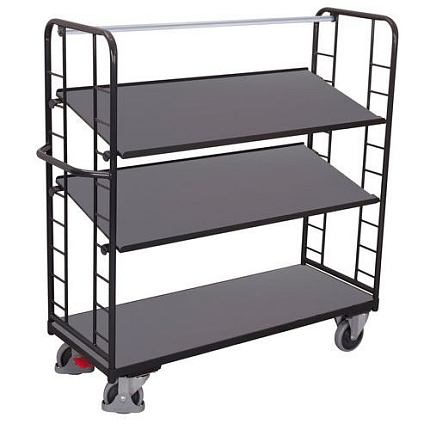 Vysoký policový vozík s madlem a šikmými policemi, 3 police, 157,5 x 180,5 x 65 cm, šedý