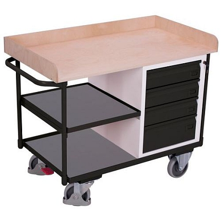 Dílenský vozík s policí a 4 zásuvkami, 95,5 x 122 x 64 cm, šedý