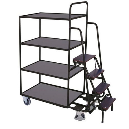 Policový vozík se schůdky, do 250 kg, 4 police, šedý