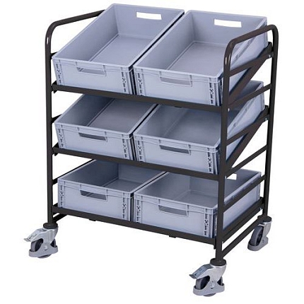 Policový vozík Euro s přepravkami a šikmými policemi, 3 police, 93,5 x 66,5 x 112,5 cm, šedý