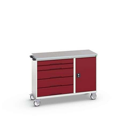 Údržový zásuvkový vozík Bott Verso, 98 x 130 x 60 cm, 5 zásuvek, skříňka, linoleum, šedá-červená
