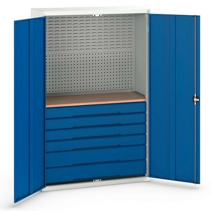 Dílenská skříň se zásuvkami Bott Verso, 200 x 130 x 55 cm, 6 zásuvek, šedá-modrá