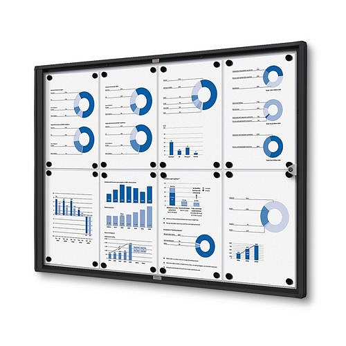Interiérová vitrína Economy, plechová záda, černá, 8xA4