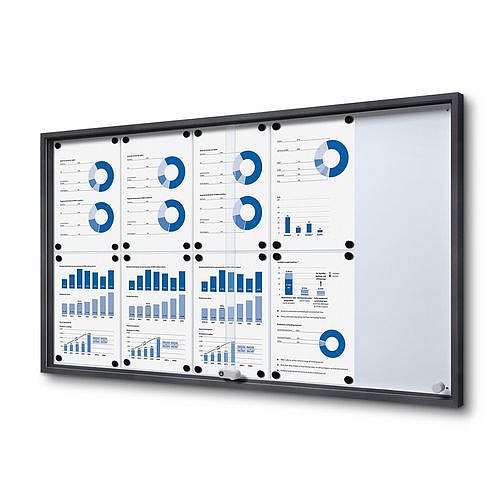 Interiérová vitrína SLIM, posuvné skleněné dveře, plech. záda antracit, 10xA4