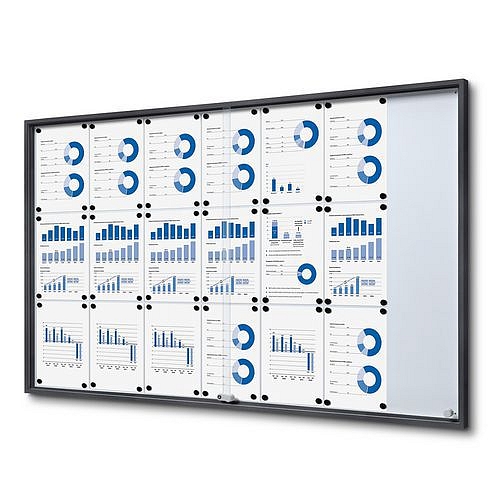 Interiérová vitrína SLIM, posuvné skleněné dveře, plech. záda antracit, 21xA4