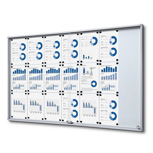 Interiérová uzamykatelná vitrína Slim s posuvnými skleněnými dveřmi a bezpečnostními rohy, 21xA4