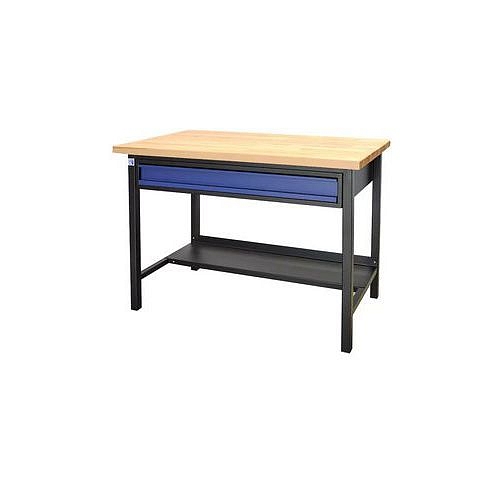 Dílenský kovový stůl Premium Line 1200, 1 zásuvka, 119 x 65 x 85 cm, černý/modrý