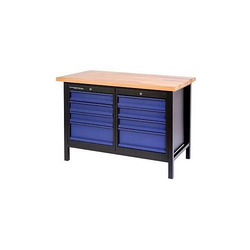 Dílenský kovový stůl Premium Line 1200, 8 zásuvek, 119 x 65 x 85 cm, černý/modrý