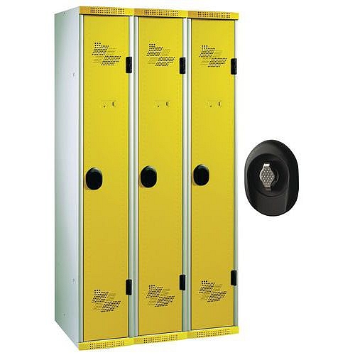 Svařovaná šatní skříň Acial, 3 oddíly, 300 mm, otočný uzávěr, šedá/žlutá