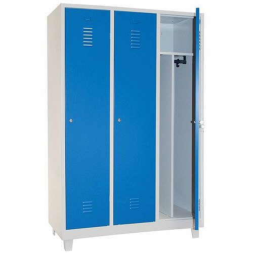 Svařovaná šatní skříň s mezistěnou Manutan Expert DURO PROFI na nohách, 3 oddíly, šedá/modrá, cylindrický zámek