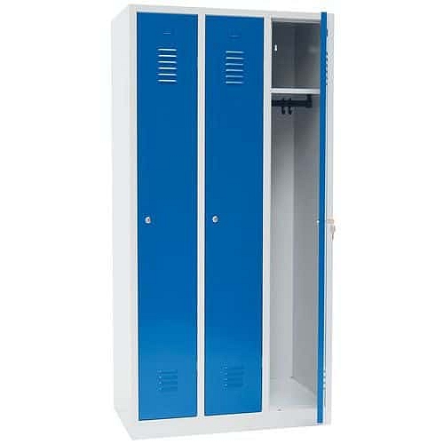 Montovaná šatní skříň Manutan Expert IS, 3 oddíly, cylindrický zámek, šedá/modrá