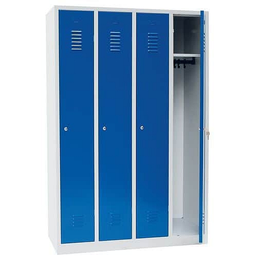 Montovaná šatní skříň Manutan Expert IS, 4 oddíly, cylindrický zámek, šedá/modrá