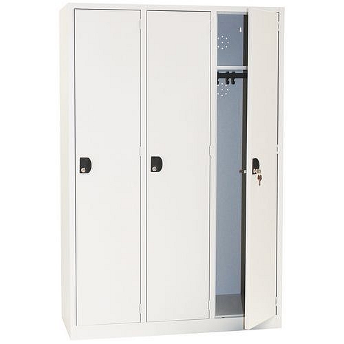 Svařovaná šatní skříň Manutan Expert, 3 oddíly, cylindrický zámek, šedá/šedá