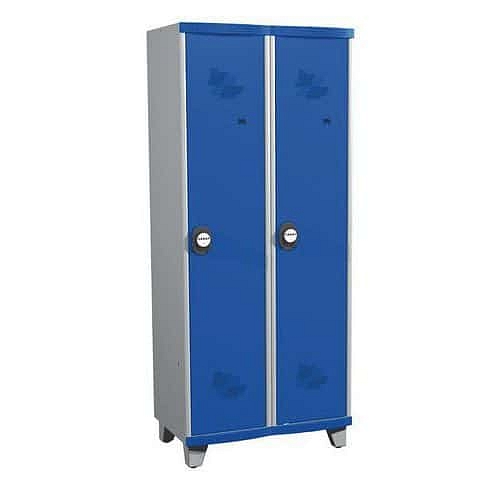 Svařovaná šatní skříň s mezistěnou Acial, 2 oddíly, 400 mm, na nohách, kódový zámek, šedá/modrá