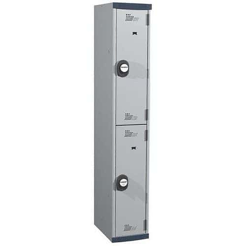 Svařovaná šatní skříň Acial, 2 oddíly, šířka 300 mm, kódový zámek, světle šedá