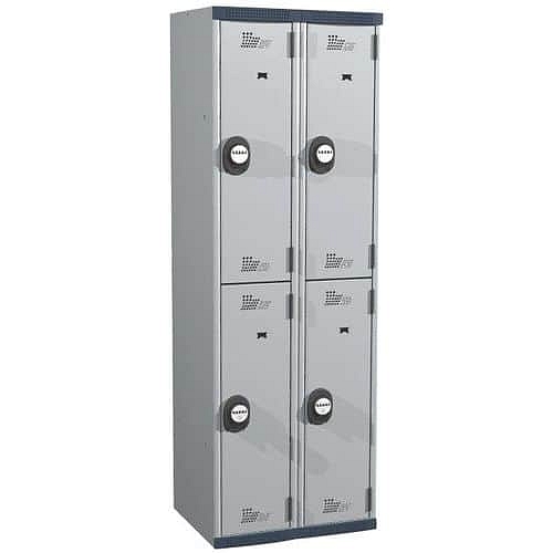 Svařovaná šatní skříň Acial, 2 sloupce, 4 boxy, 300 mm, kódový zámek, šedá/šedá