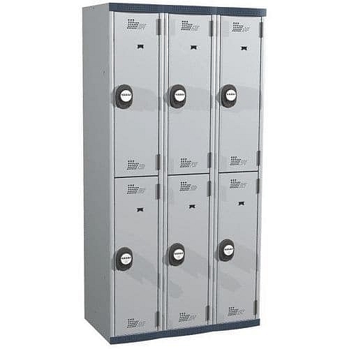 Svařovaná šatní skříň Acial, 3 sloupce, 6 boxů, 300 mm, kódový zámek, šedá/šedá