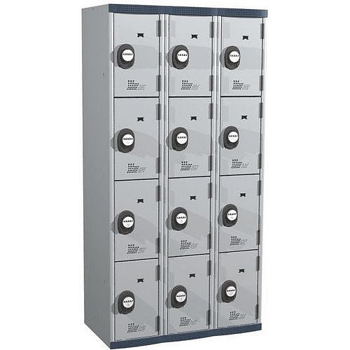 Svařovaná šatní skříň Acial, 3 sloupce, 12 boxů, 300 mm, kódový zámek, šedá/šedá