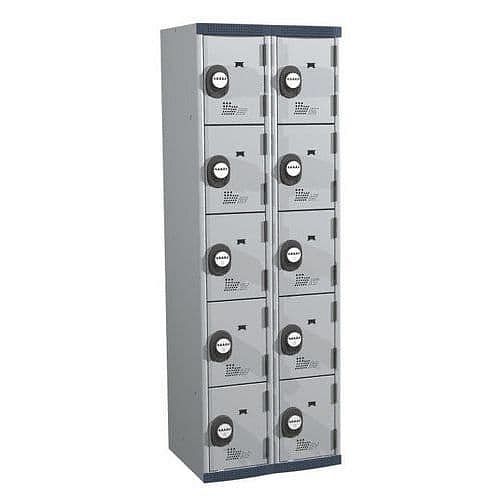 Svařovaná šatní skříň Acial, 2 sloupce, 10 boxů, 300 mm, kódový zámek, šedá/šedá