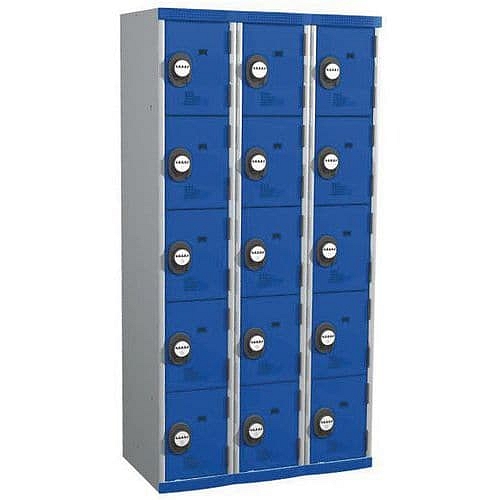 Svařovaná šatní skříň Acial, 3 sloupce, 15 boxů, 300 mm, kódový zámek, šedá/modrá