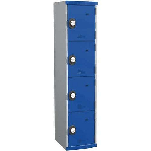 Svařovaná šatní skříň Acial, 1 sloupec, 4 boxy, 400 mm, kódový zámek, šedá/modrá