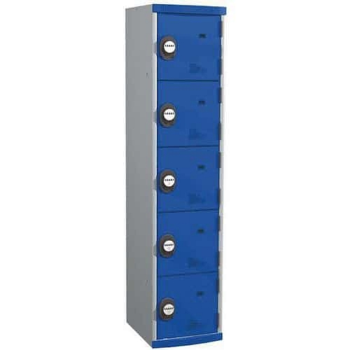 Svařovaná šatní skříň Acial, 1 sloupec, 5 boxů, 400 mm, kódový zámek, šedá/modrá