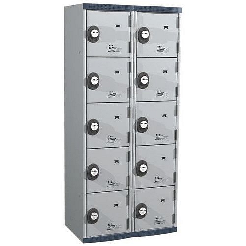 Svařovaná šatní skříň Acial, 2 sloupce, 10 boxů, 400 mm, kódový zámek, šedá/šedá